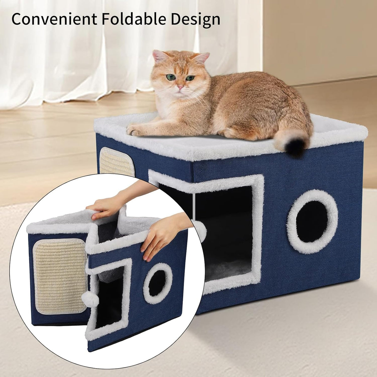 Cat House Bed for Indoor Cats, Large Cat Cave with Cozy Condo, Fluffy Hanging Ball, Scratch Pad