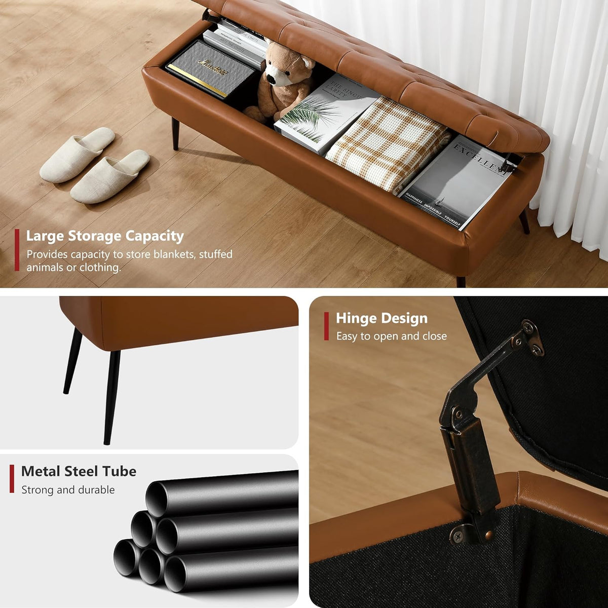 Leather Storage Ottoman Bench,End of Bed Bench for Living Room Bedroom Dinning Room