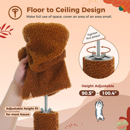 PEQULTI Mushroom Cat Tree Floor to Ceiling Cat Tower Adjustable Height (90.5''-100.4'' =