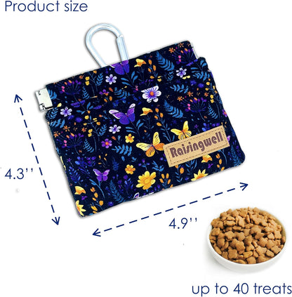 Dog Treat Pouch, Pocket Sized Pet Training Pouch, Cotton Fabric, Hand Free Purple Flower Dog