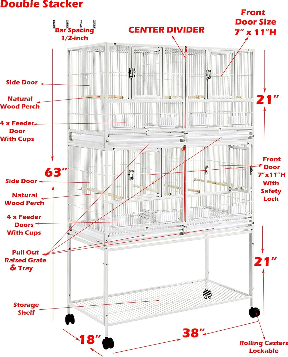 Stackable Center Divided Breeder Breeding Bird Flight Double Rolling Cage for Aviaries Canaries