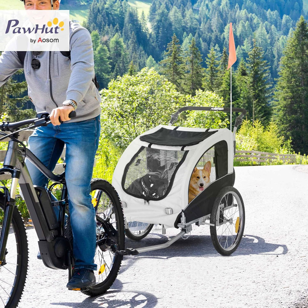 Aosom Dog Bike Trailer 2-in-1 Pet Stroller with Canopy and Storage Pockets