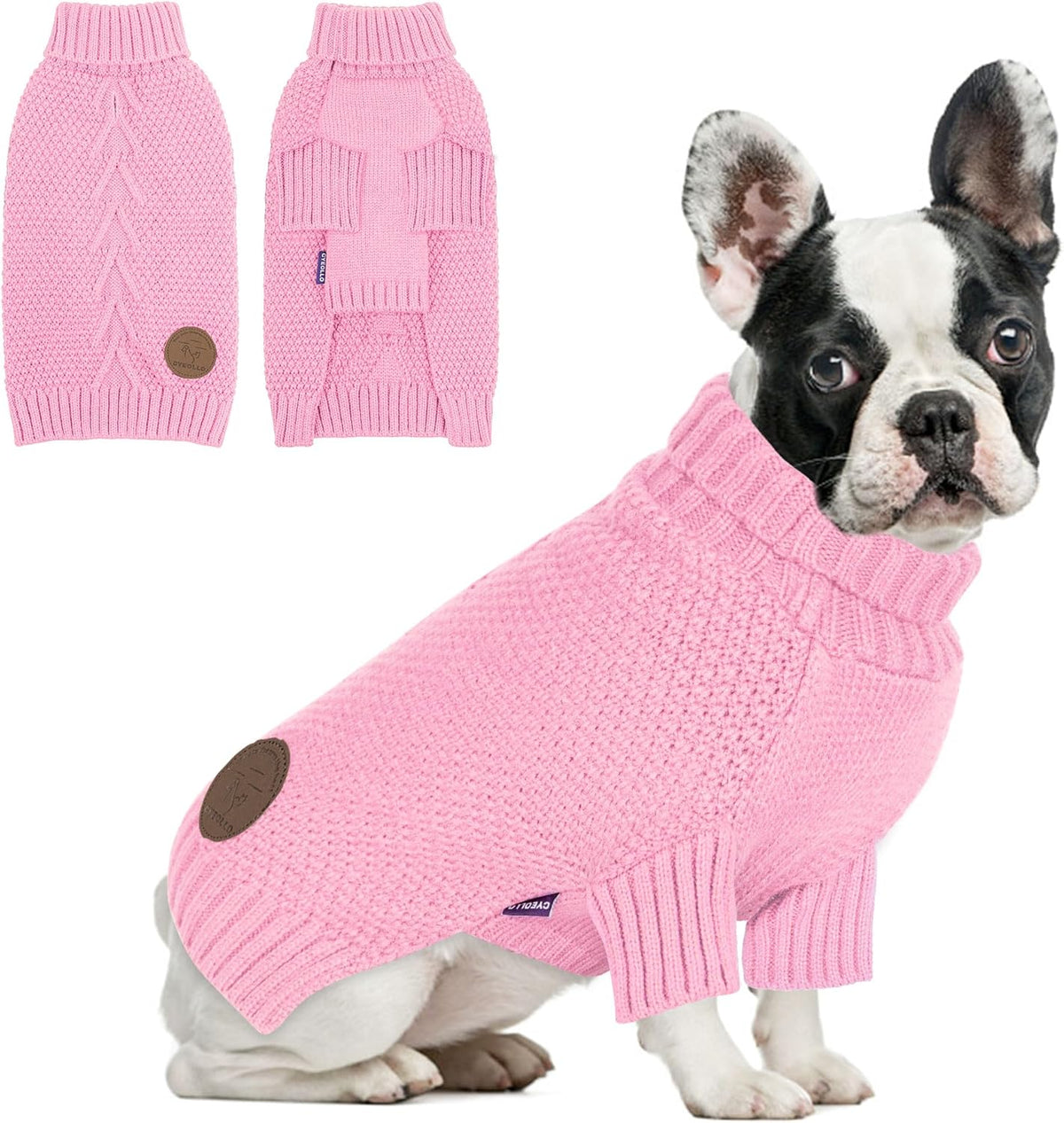 cyeollo Turtleneck Dog Sweater Soft Knitwear Pullover Sweaters with Leash Hole Pet Clothes for Cold