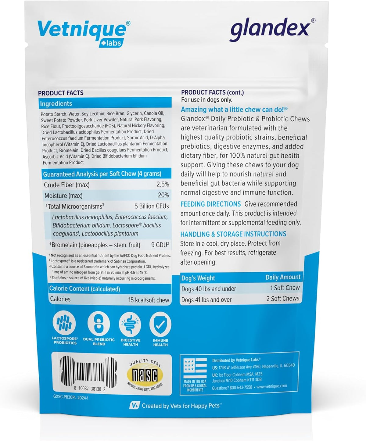 Vetnique Glandex Daily Probiotics for Dogs with Prebiotics to Support Gut Health with Fiber and