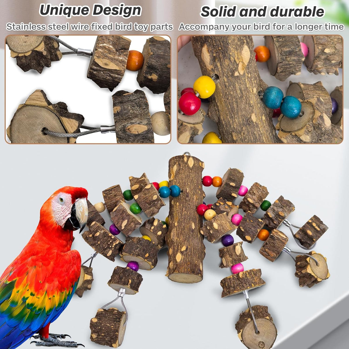 PINVNBY Large Bird Parrot Toys, Natural Wooden Blocks Chew Toy, Durable Cage Bite for African Grey