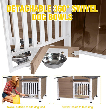 Chew-Resistant Dog House with Metal Frame, Wooden Kennel for Indoor & Outdoor Use, Waterproof Roof