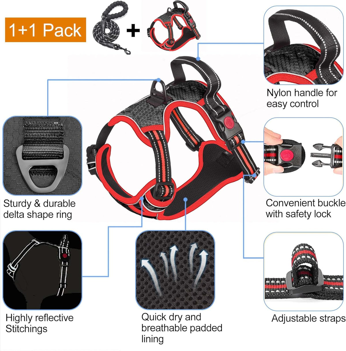 No Pull Harness Adjustable Reflective Oxford Easy Control Medium Large Dogs with A Free Heavy Duty