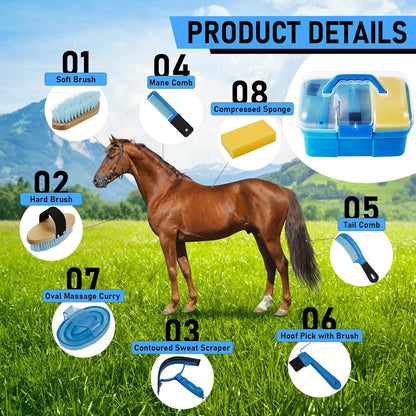 Cunhill 9 Pieces Horse Grooming Kit Tack Room Supplies Set with Organizer Tote Box, Oval Massage