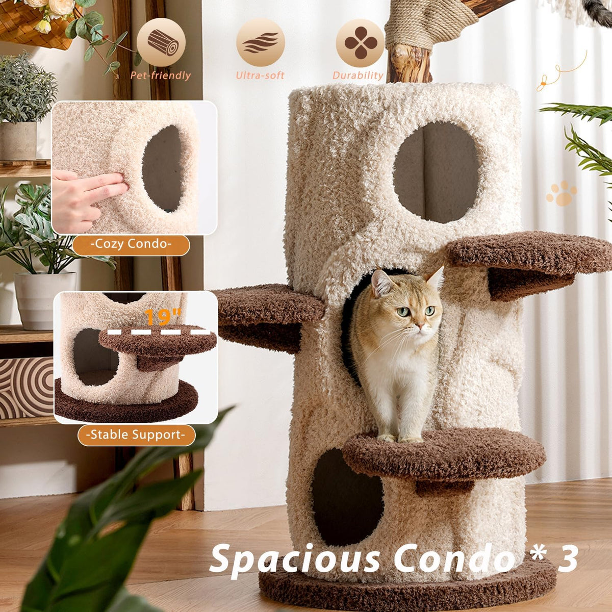 54.7'' Modern Cat Tree for Indoor Cats Large Adult, Wood Cat Tree with 3 Spacious Condos, Luxury