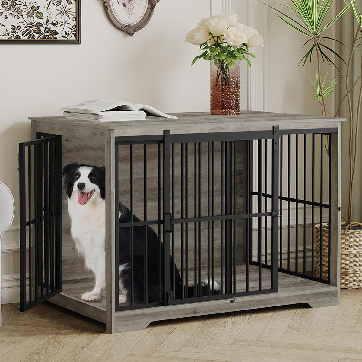 XL Large Dog Crate Furniture, 44.1" Indoor Dog Kennel Furniture with Barn Door, Wooden Tall Dog