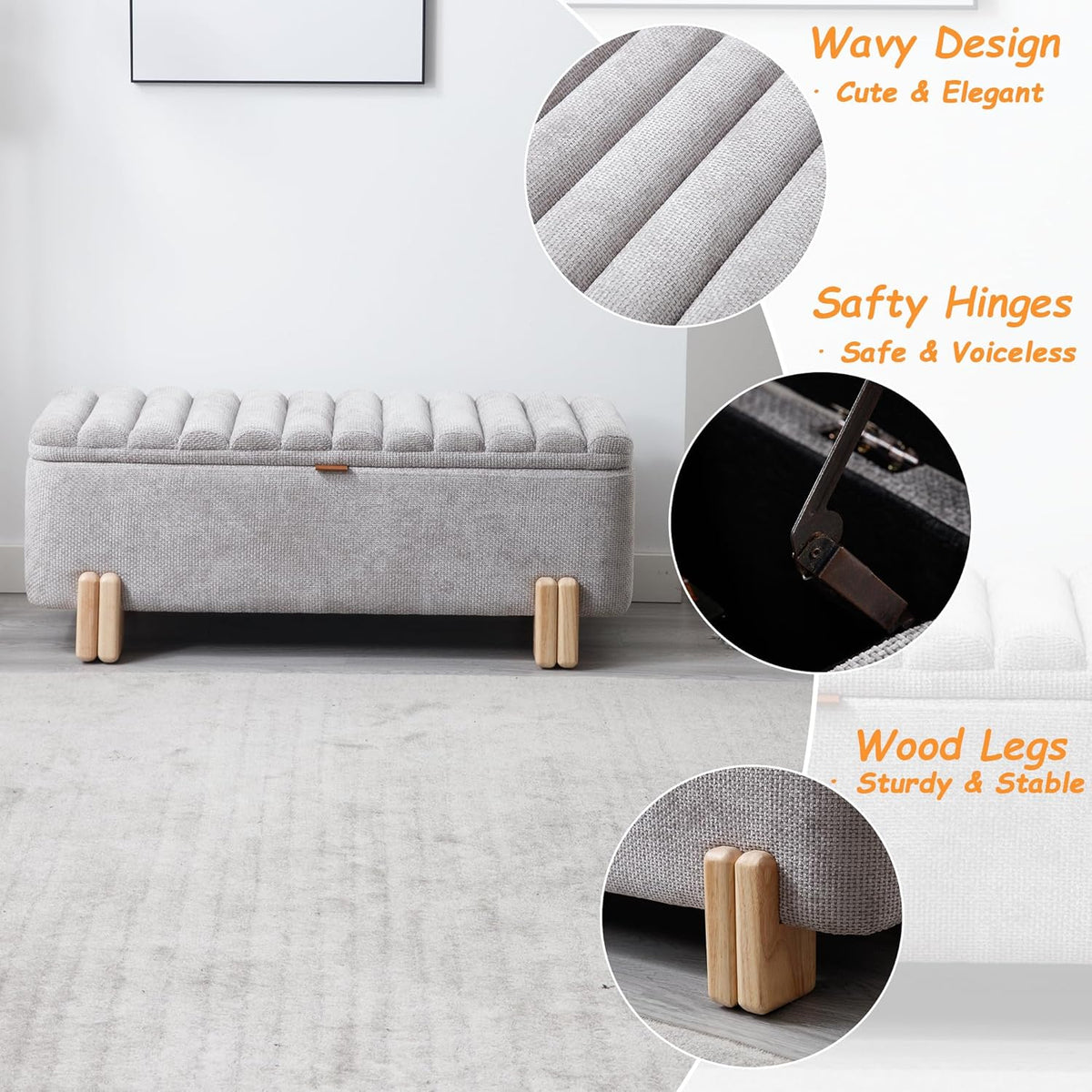Kmax 45" Storage Bench Velvet Entryway Bench Upholstered Ottoman Bench with Wavy Top & Safty Hinge