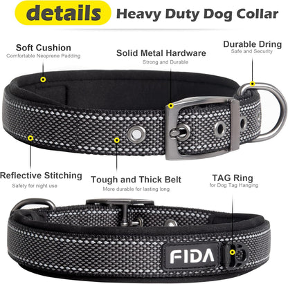 Fida Heavy Duty Dog Collar, Ultra Comfortable Soft Neoprene Padded, Adjustable Reflective Nylon Pet
