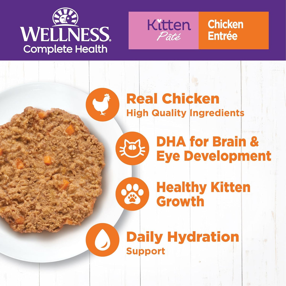 Wellness Complete Health Pate Kitten Wet Cat Food, Natural, Protein-Rich, Grain Free, 3 Ounce, 24