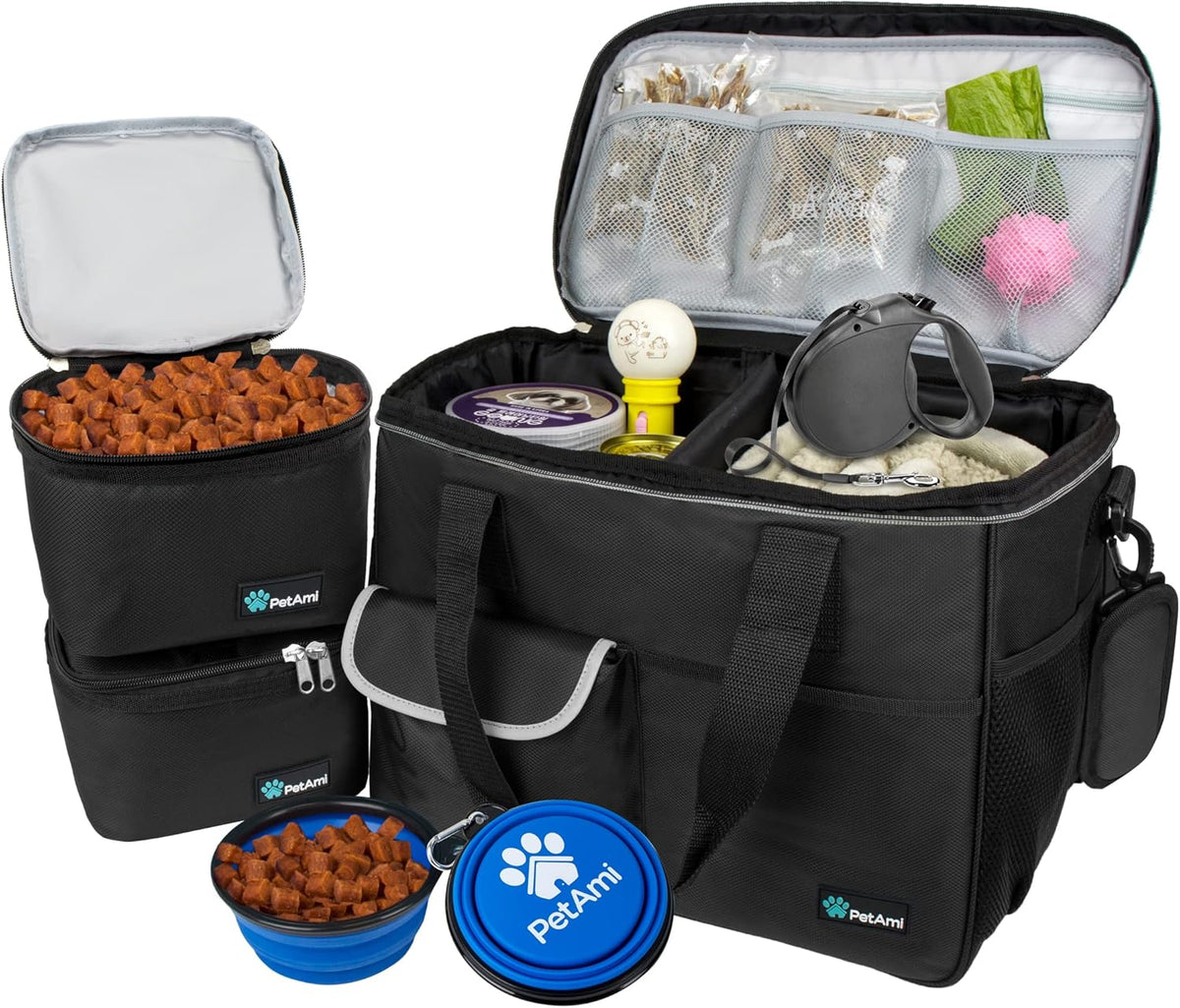 PetAmi Travel Bag Organizer - Dog & Cat Diaper Bag with Food Container, Bowls & Accessories for