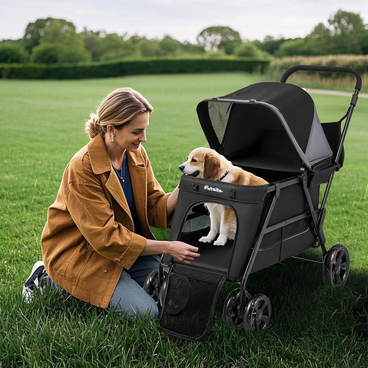 PETSITE 4 Wheels Dog Stroller, Foldable Cat Stroller with Dual Entries, Ramp, Mesh Windows