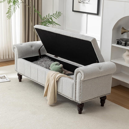 58’’ Storage Bench for Bedroom, Upholstered Button-Tufted Ottoman with Solid Wood Legs, Queen Size