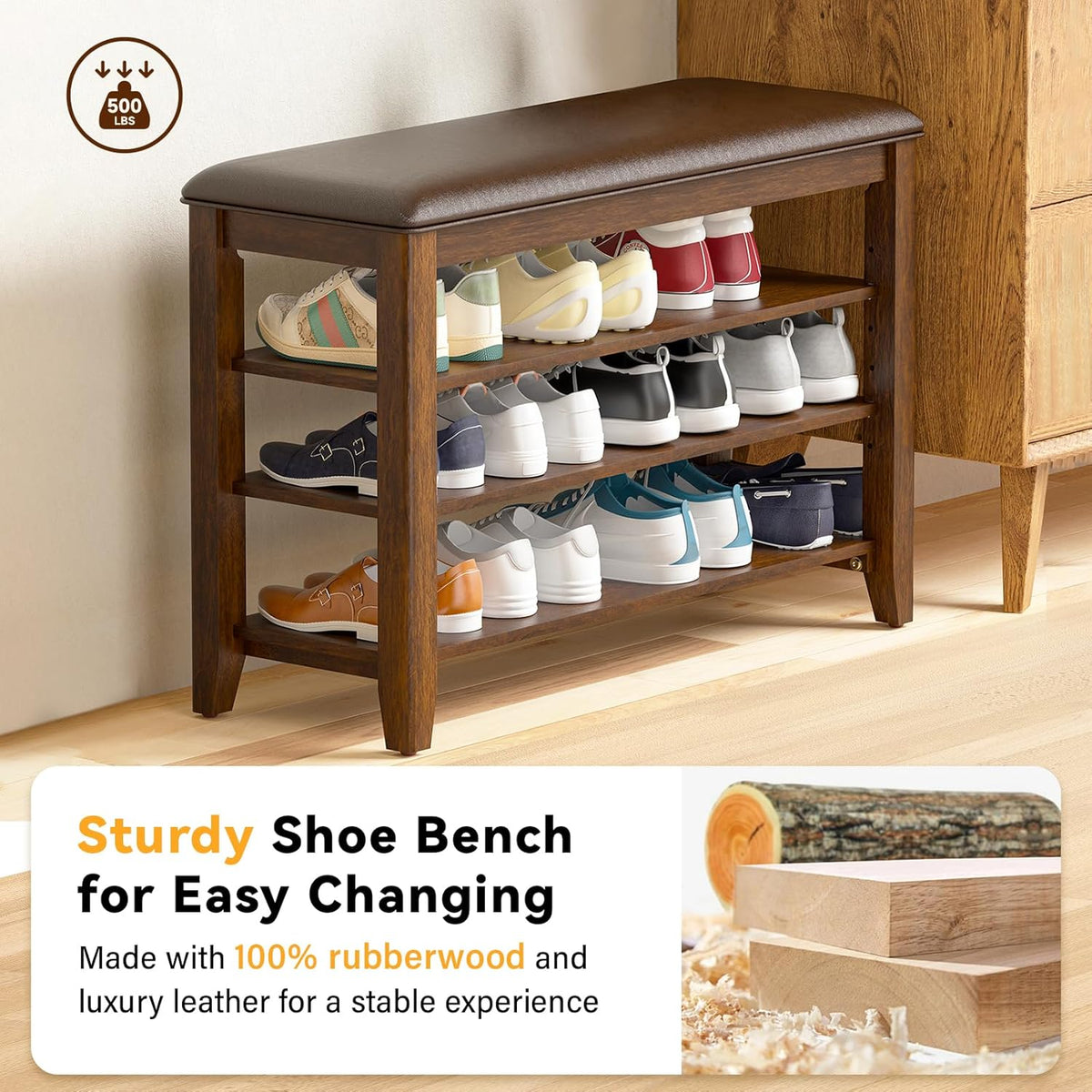 Shoe Bench Storage Rubberwood with Leather Cushion for Entryway Bench Ideal for Hallways Shoe Rack
