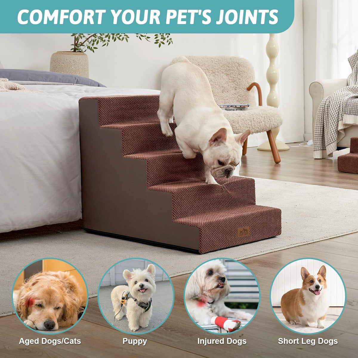 Dog Stairs for Small Dogs, 5 Tier Wider Pet Stairs for High Beds, 23.6" H Non-Slip Dog Steps for