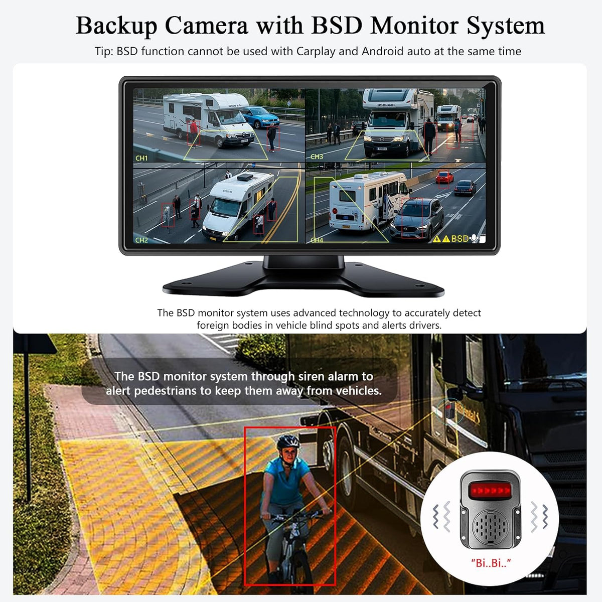 RV Backup Camera with Carplay Android Auto for RV Horse Trailer Semi Box Truck,1080P HD 4 Splits