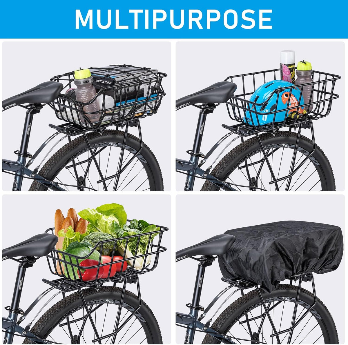 CXWXC Rear Bike Basket - Bicycle Rear Basket with Cargo Net and Waterproof Cover - Rear Mount