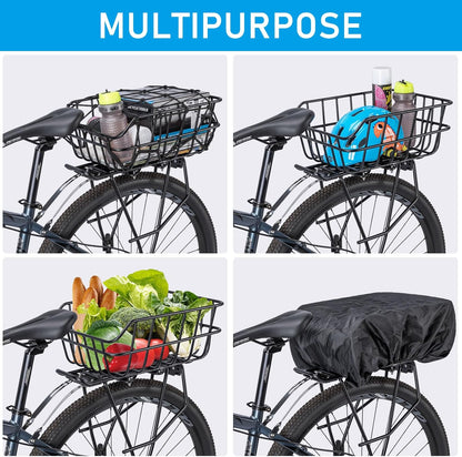 CXWXC Rear Bike Basket - Bicycle Rear Basket with Cargo Net and Waterproof Cover - Rear Mount