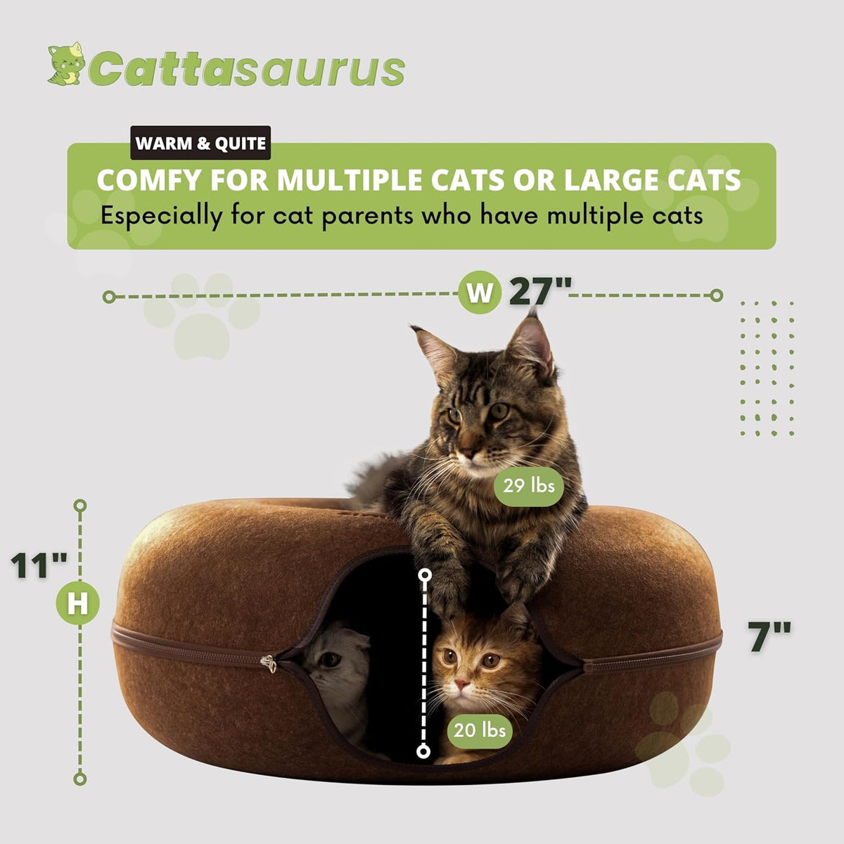 Cattasaurus Peekaboo Cat Cave for Multiple & Large Cats Up to 30-45 Lbs, Scratch Detachable &