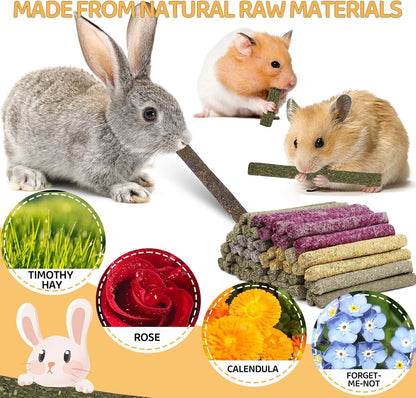 52Pcs Rabbit Chew Sticks, Guinea Pig Toys, Natural Timothy Grass Molar Teeth Stick, Mixing Flowers