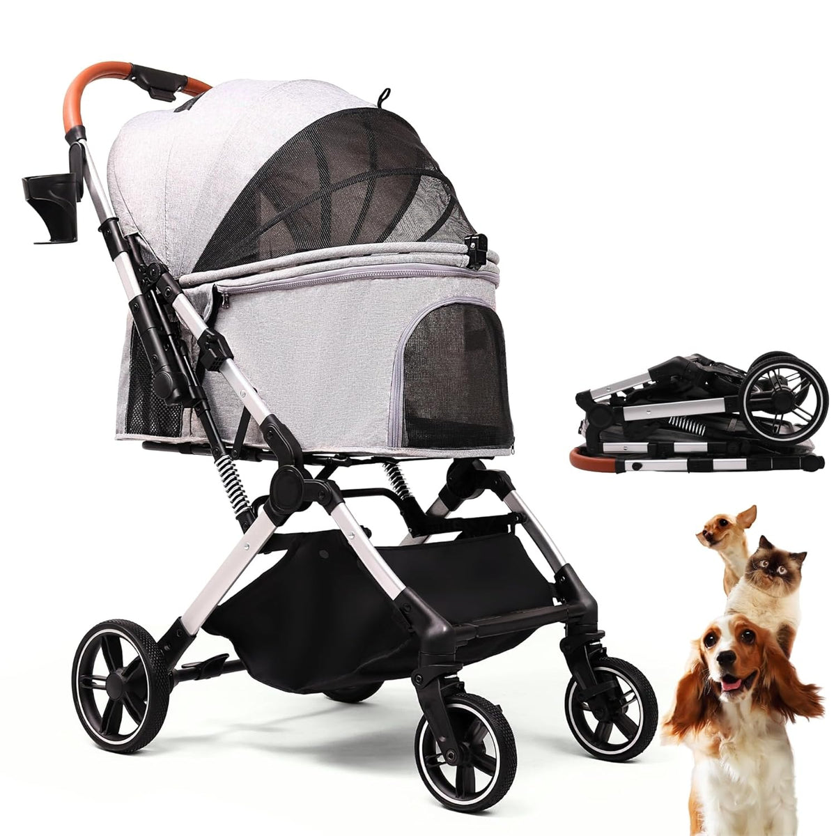 Pet Stroller for Small Medium Dogs Cats Up to 45 lbs, Travel Lite Collapsible, All Terrain 4 Wheels