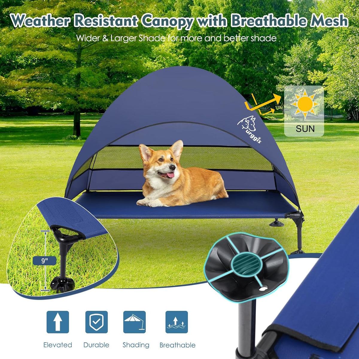 Upgraded Elevated Dog Bed with Canopy, Portable Raised Outdoor Dog Bed with Stable Anti-Slip Feet