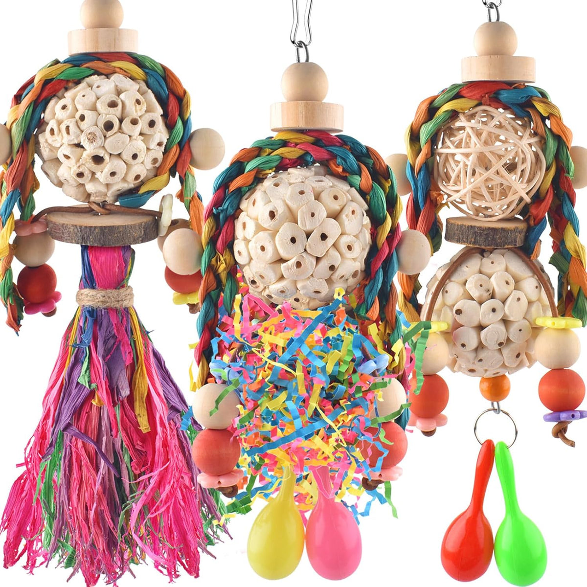 Bissap 3PCS Bird Parrot Foraging Shredder Hanging Toys Sola Balls with Sand Hammer for Small