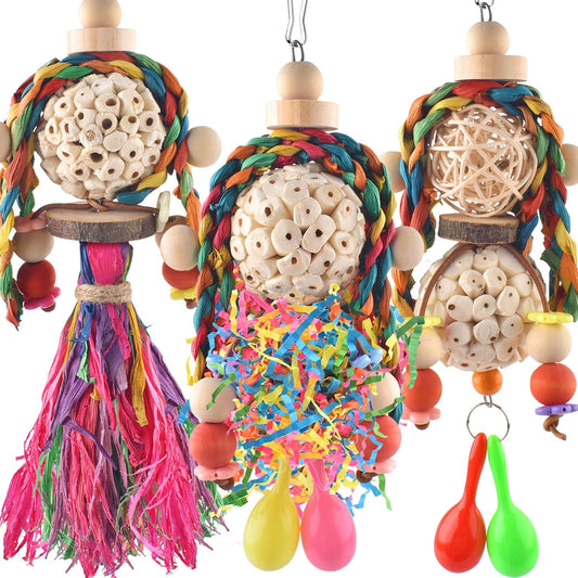 Bissap 3PCS Bird Parrot Foraging Shredder Hanging Toys Sola Balls with Sand Hammer for Small