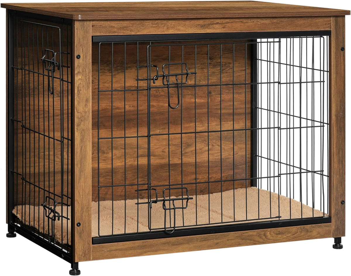 DWANTON Dog Crate Furniture with Cushion, Wooden Kennel Table with Double Doors, Indoor Dog House