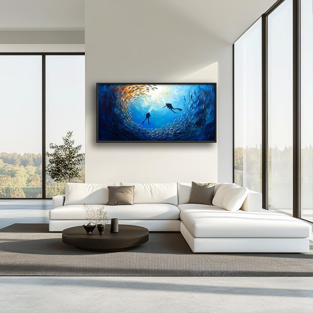 Large Ocean Diving Wall Art for Living Room, Framed Oversized Fish Wall Decor Underwater Marine