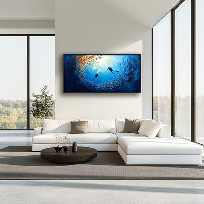 Large Ocean Diving Wall Art for Living Room, Framed Oversized Fish Wall Decor Underwater Marine