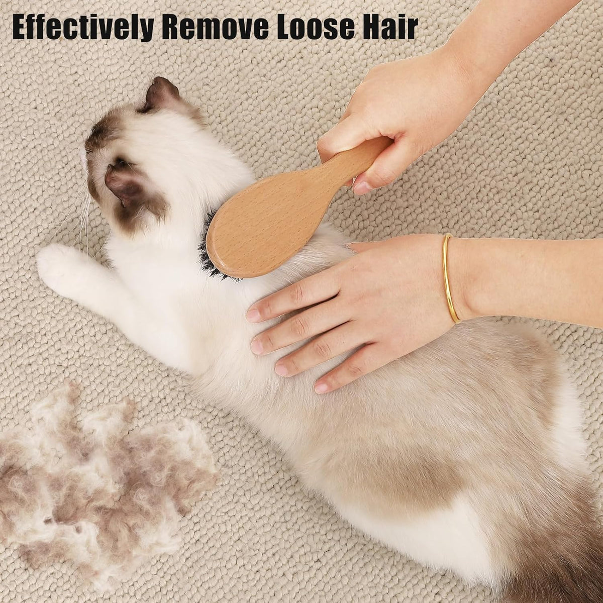 Boar Bristle Cat Brush with Wooden Handle, Soft and Gentle, Reduce Shedding, Make Coat Soft, Smooth