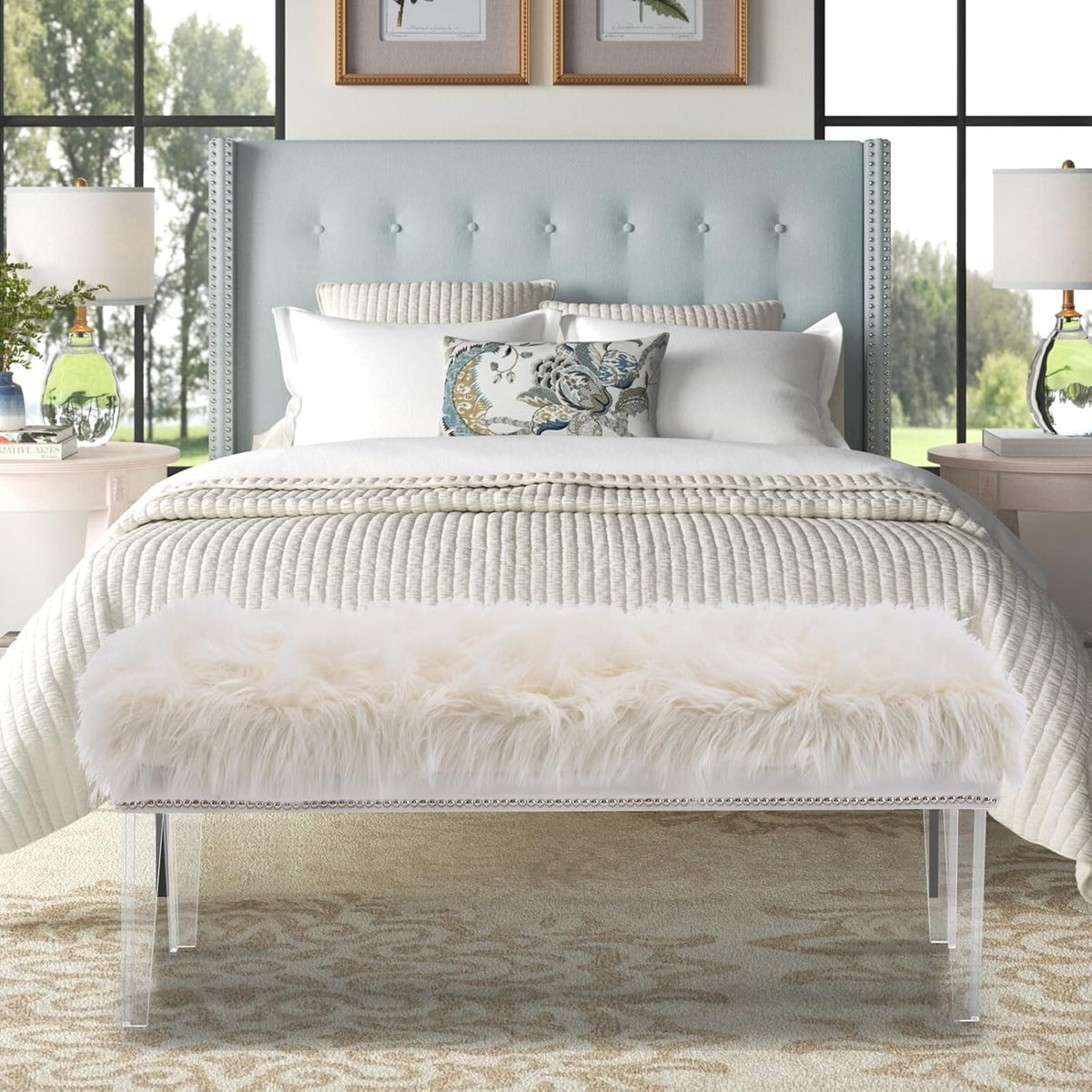 46 Inch White Bedroom Bench, Benches for Bedroom White Faux Fur Upholstered Bed end Bench, Tufting