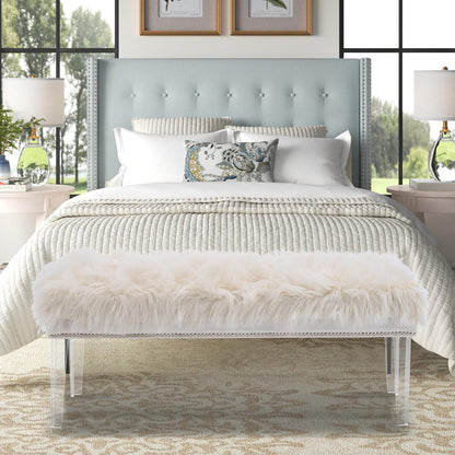 46 Inch White Bedroom Bench, Benches for Bedroom White Faux Fur Upholstered Bed end Bench, Tufting