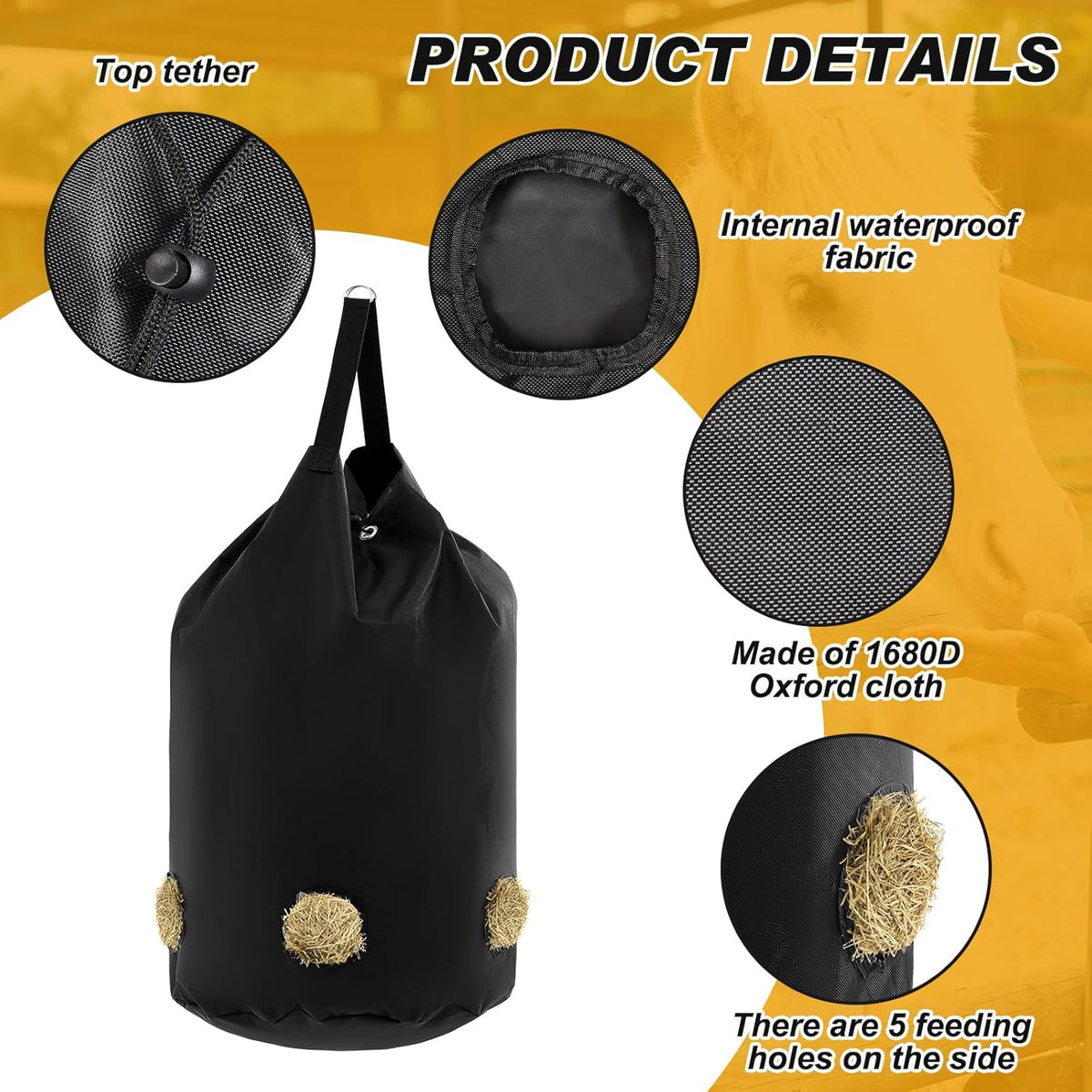 2 Pcs hay Bags for Horses Goats Slow Feed 1680D Oxford Bag Black Large Capacity Net Open Feed Hole