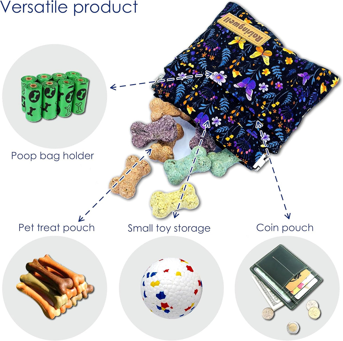 Dog Treat Pouch, Pocket Sized Pet Training Pouch, Cotton Fabric, Hand Free Purple Flower Dog