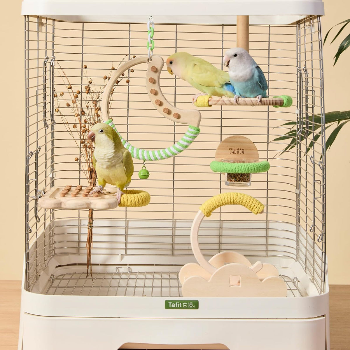 Natural Bird Swing - Moon-Shaped Parrot Perch with Bell and Cork Toys, Spinning Wooden Stand for