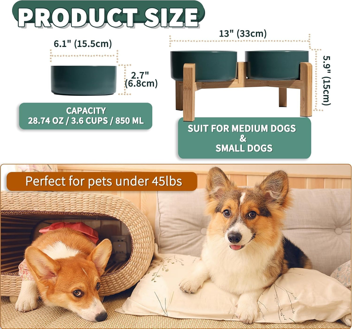 Elevated Ceramic Dog Bowl Set - Raised Dog Bowls with Non-Slip Bamboo Stand - Dog Food and Water
