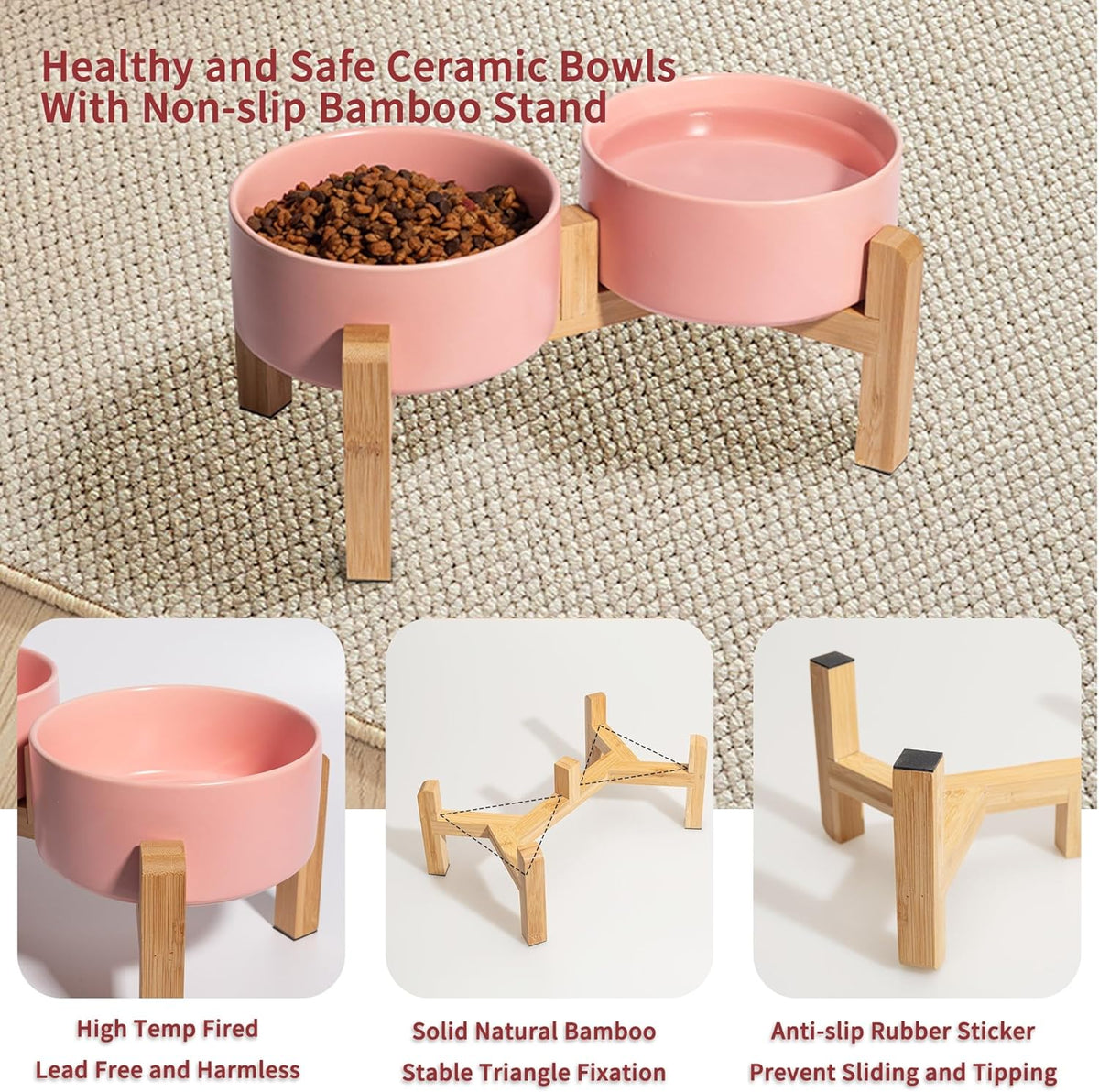 Elevated Ceramic Dog Bowl Set - Raised Dog Bowls with Non-Slip Bamboo Stand - Dog Food and Water