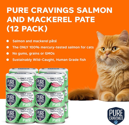 Salmon and Mackerel Pate, Canned Wet Cat Food, 100% Mercury-Tested, Moist Can Fish, Grain-Free