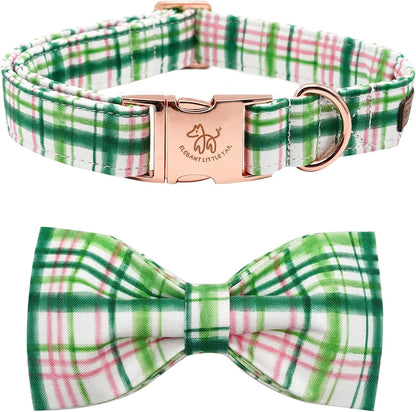 Elegant Little Tail Dog Collar with Bow - Pink with Green Plaid, Cute Bowtie, Adjustable for Medium