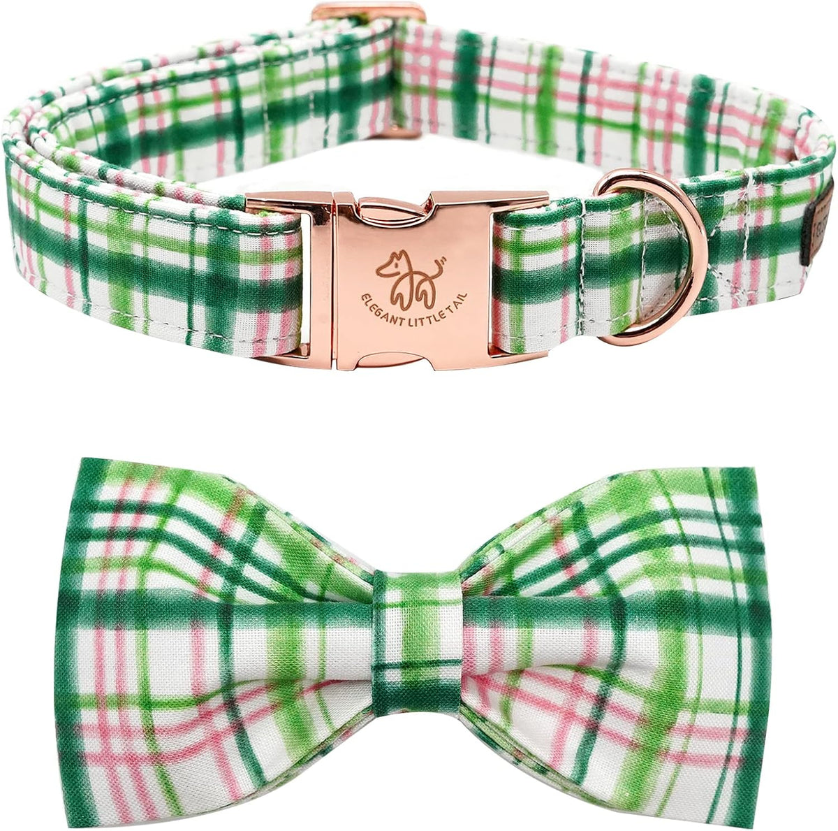 Elegant little tail Dog Collar with Bow - Pink with Green Plaid Boy or Girl Dog Collar Cute Bowtie