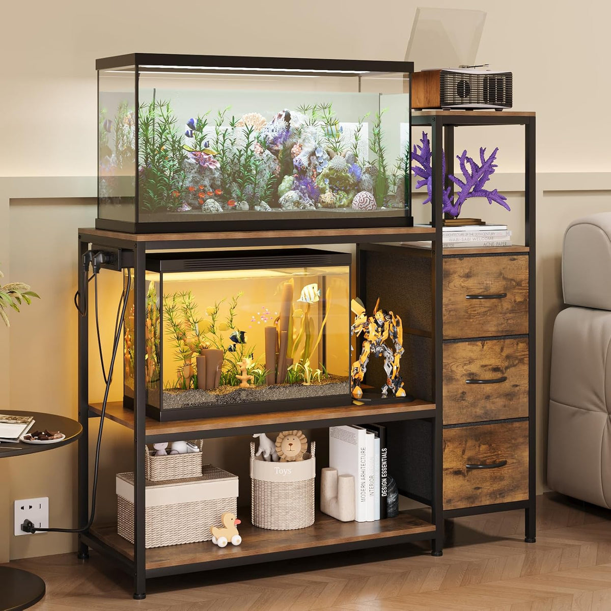 20 Gallon Aquarium Stand with Power Outlets Fish Tank Stand with 3 Drawers Metal Frame Heavy Duty