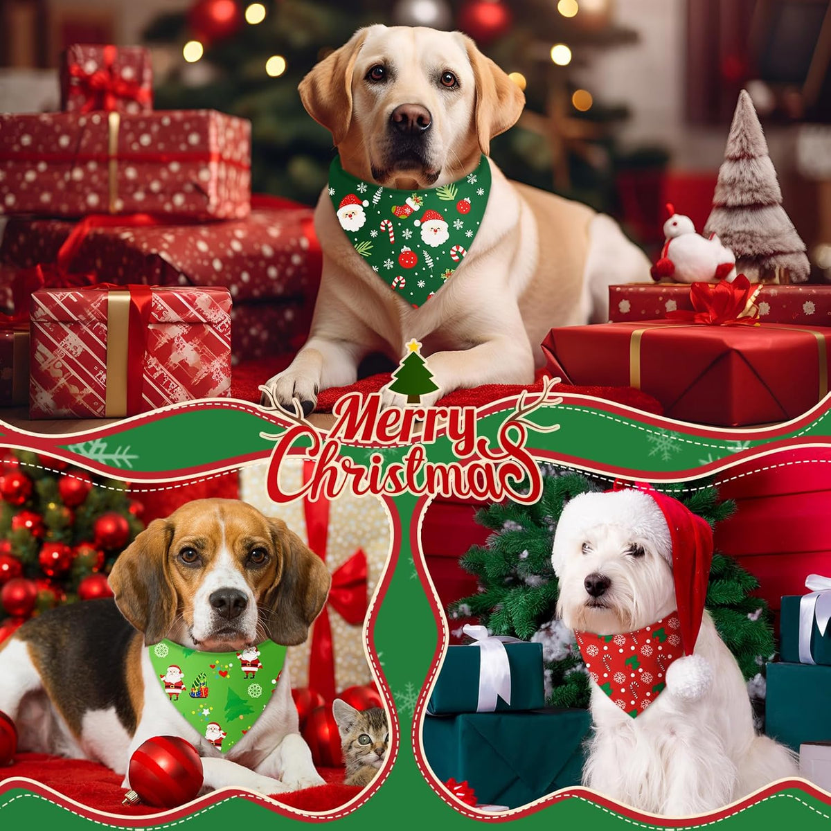 Weewooday 50 Pcs Christmas Bandanas for Dogs Xmas Bandanas Bulk with Santa Snowflake Candy Cane