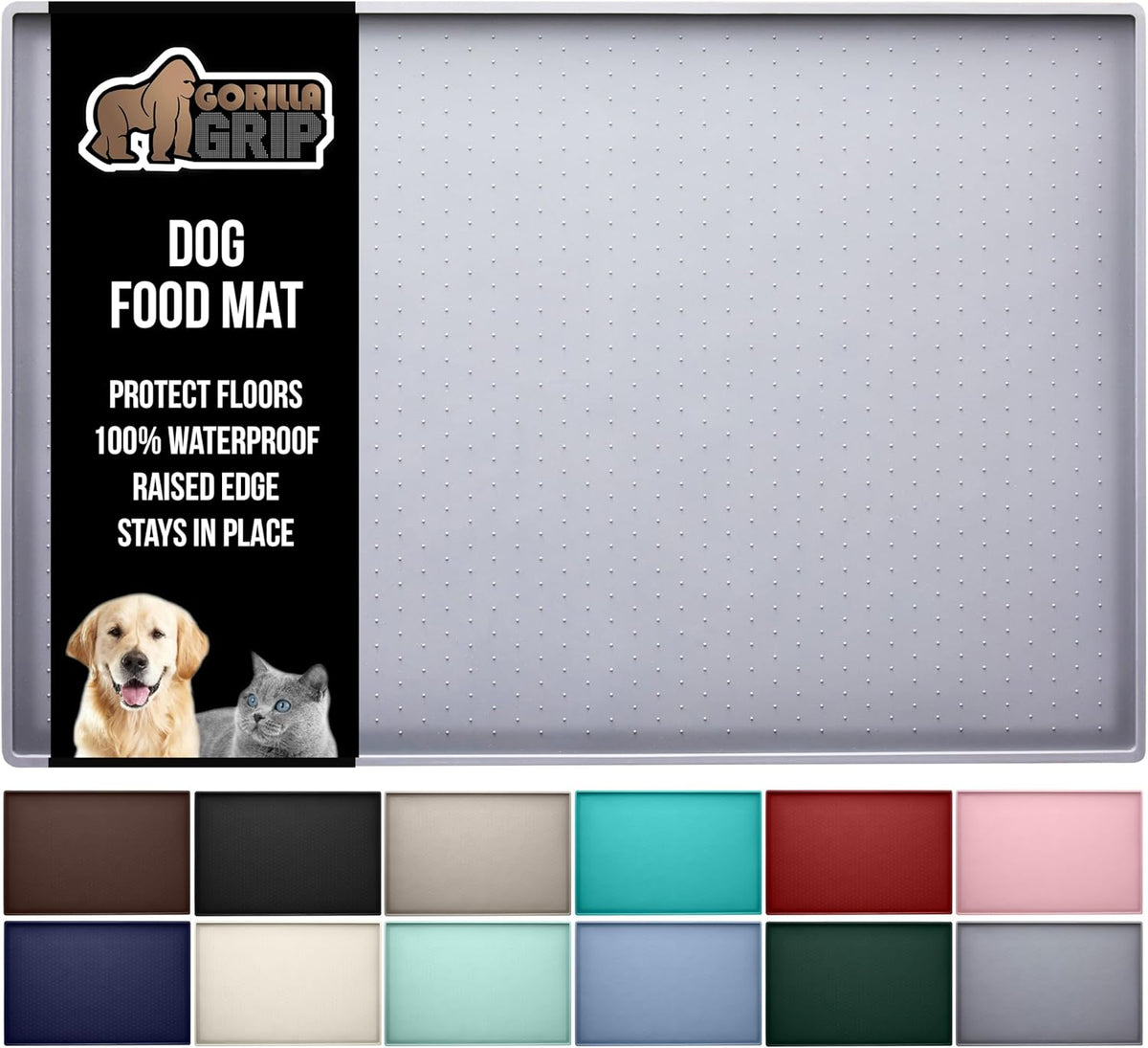 GORILLA GRIP 100% Waterproof Raised Edge BPA Free Silicone Pet Feeding Mat, Dog Cat Food Mats