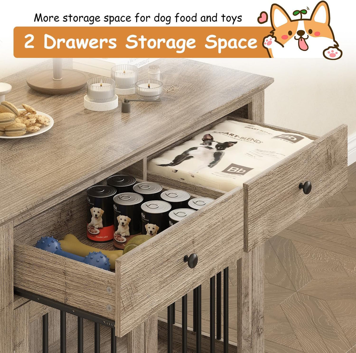 Dog Crate Furniture, 44 Inch Wooden Dog Kennel Indoor with 2 Storage Drawers, Heavy Duty Large
