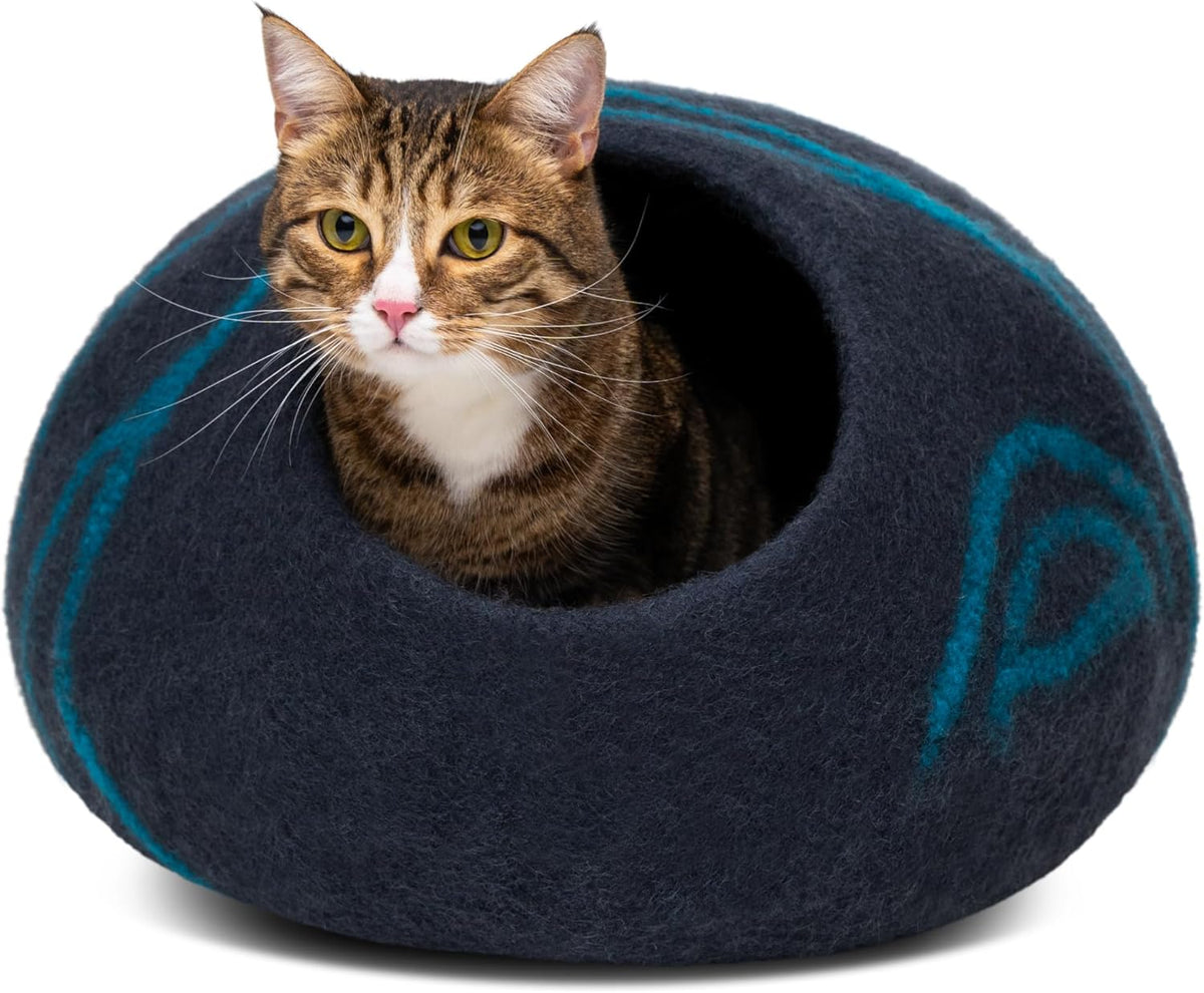 MEOWFIA Cat Cave – Premium Felt Cat Bed for Indoor Cats, Handmade 100% Merino Wool (Large, Black